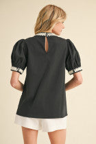Black Top with Cream Swirl Trim