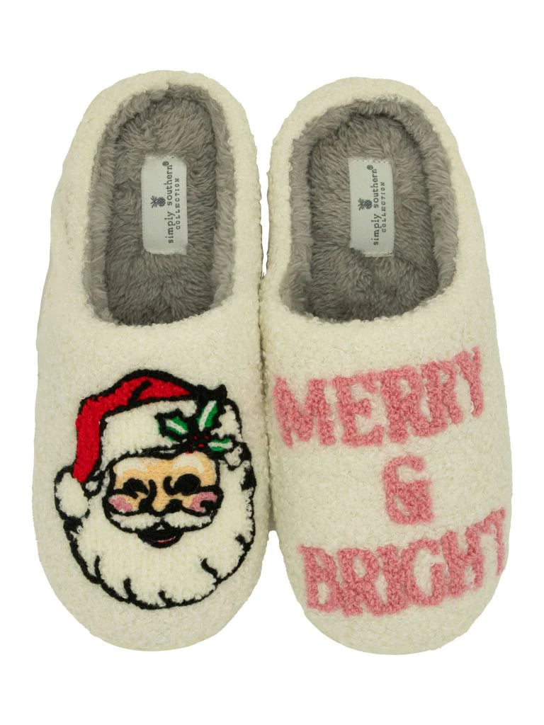 Fuzzy Holiday Slippers - Merry and Bright Santa
