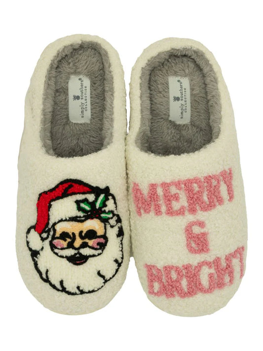 Fuzzy Holiday Slippers - Merry and Bright Santa