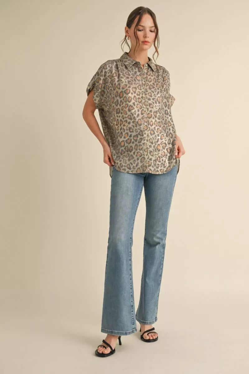 Taupe Leopard Button Down Blouse