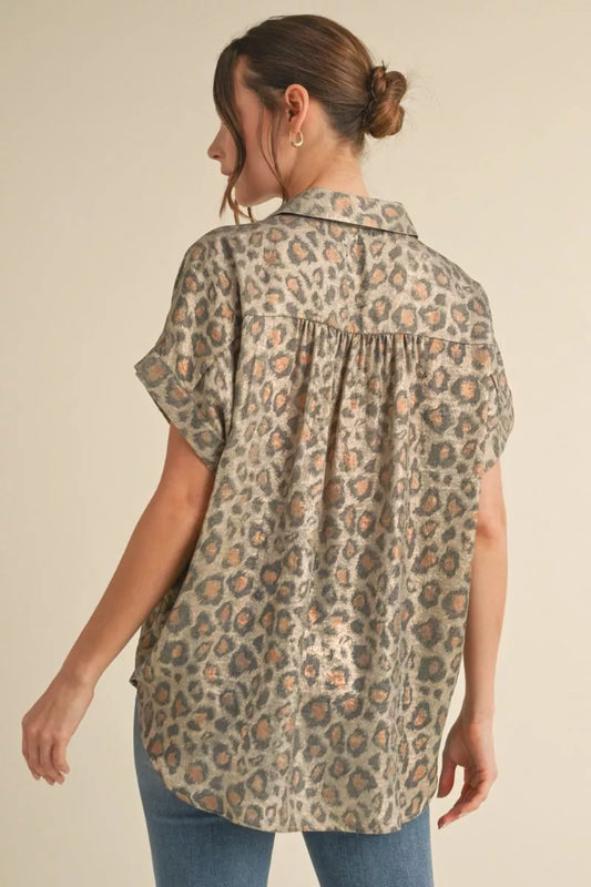 Taupe Leopard Button Down Blouse