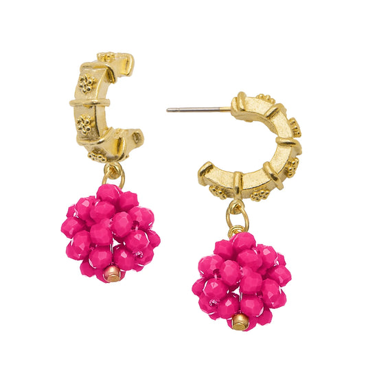Susan Shaw Gold Hoop with Fuchsia Crystal Cluster Earring 1038FU