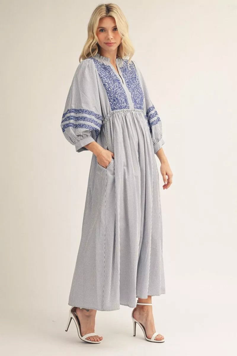 Blue Stripe Embroidered Dress