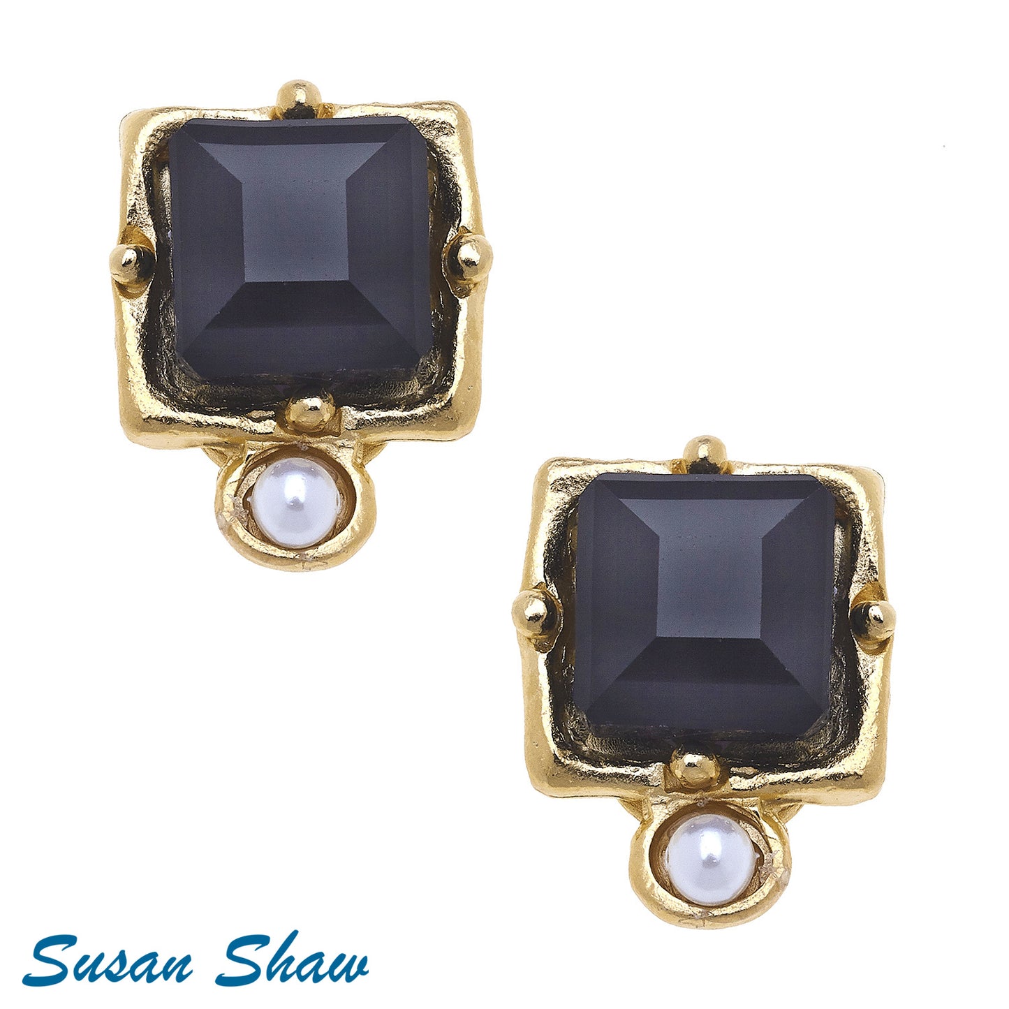 Susan Shaw Gold Earrings with Black Crystal and Pearl Drop 1112J