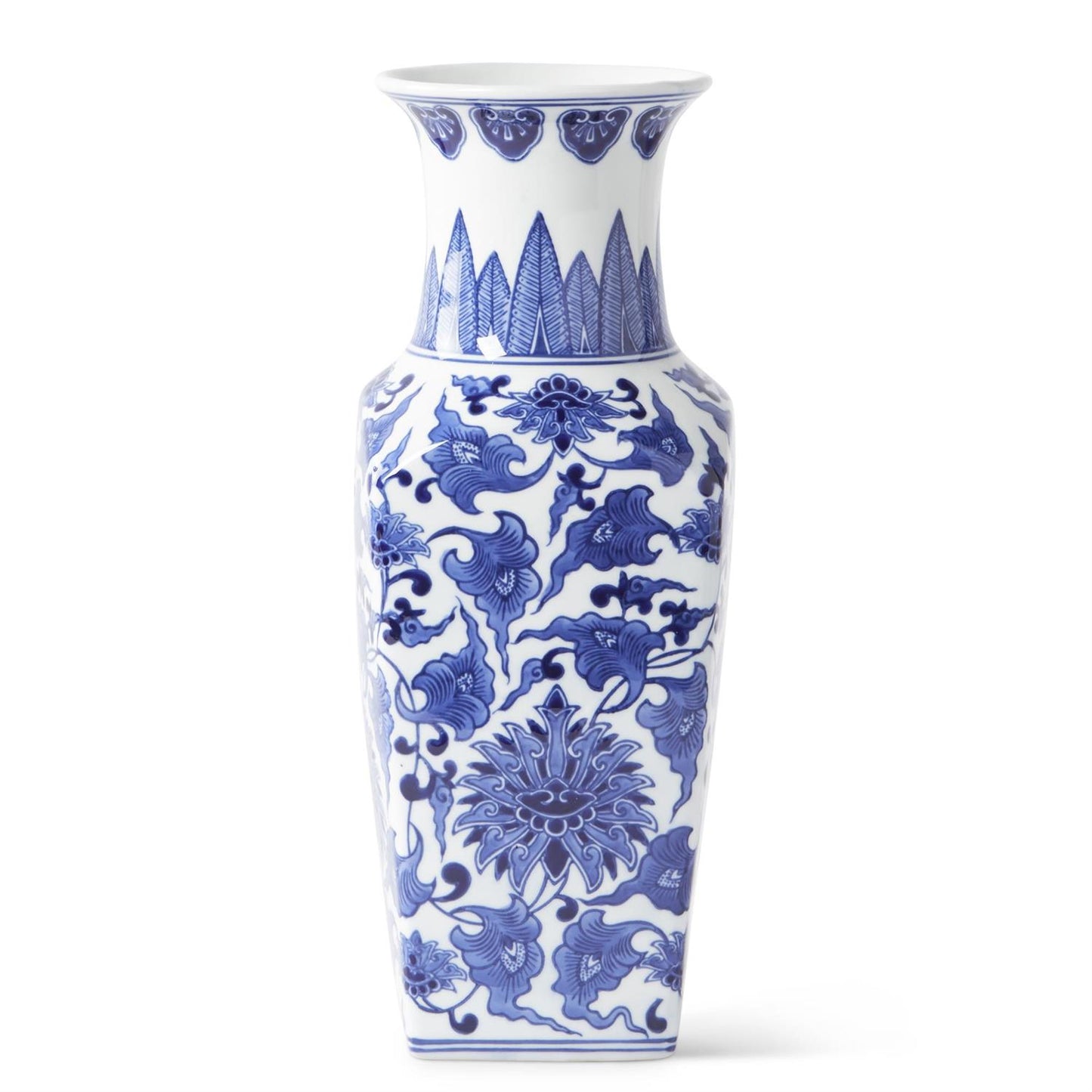 14 inch Ceramic Blue and White Chinoiserie Square Vase