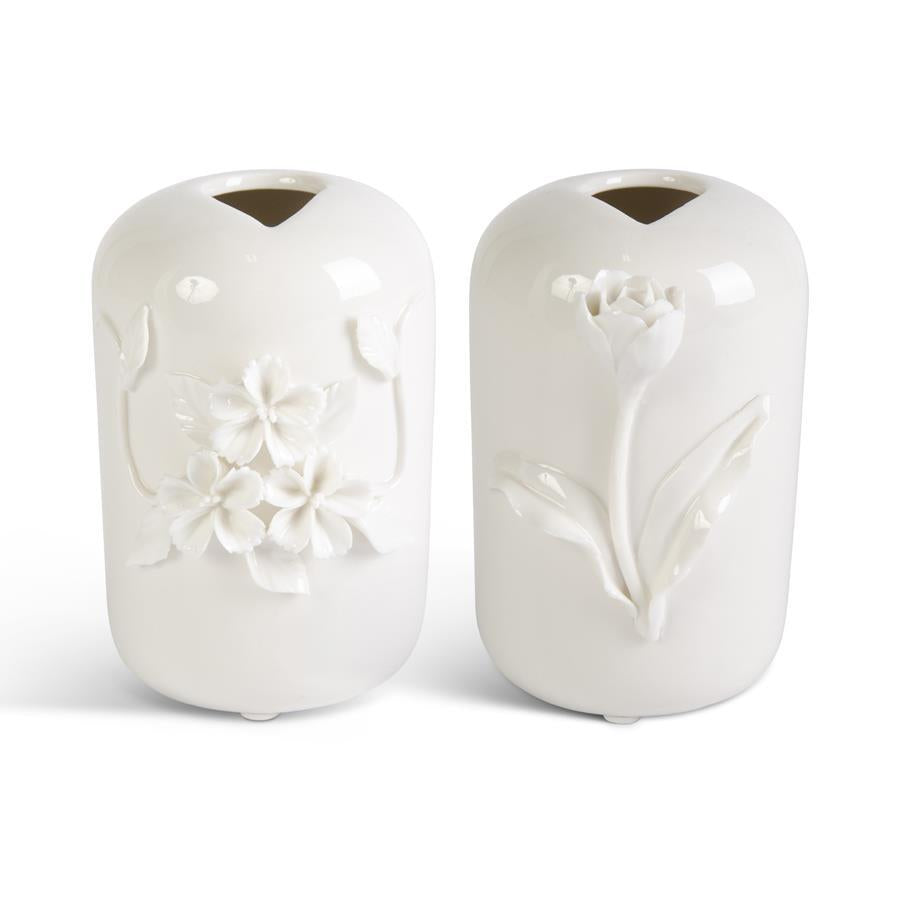 White Ceramic Vase w/Raised Flowers(2 styles