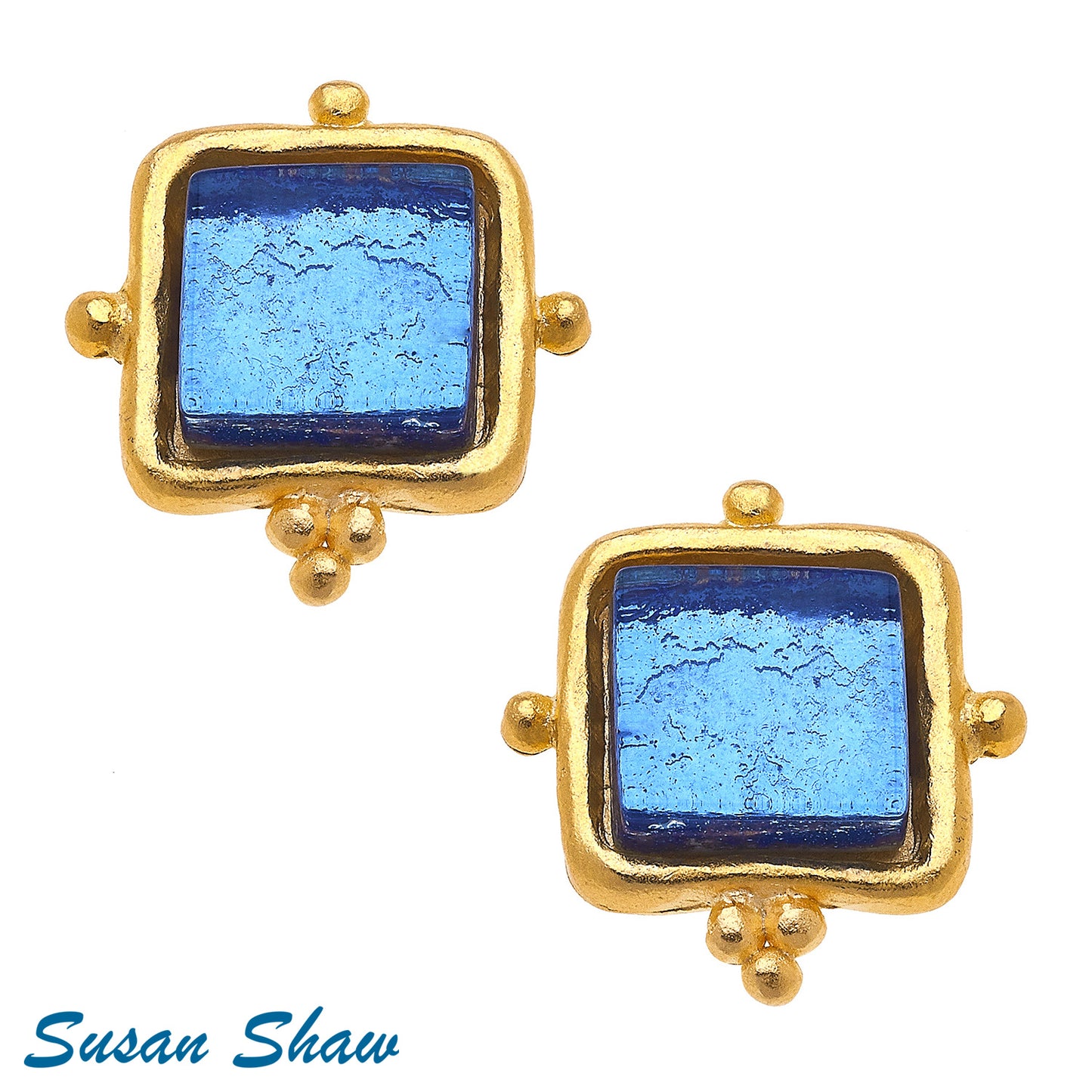 Susan Shaw Handcast Gold and Blue French Glass Earrings 1735BL