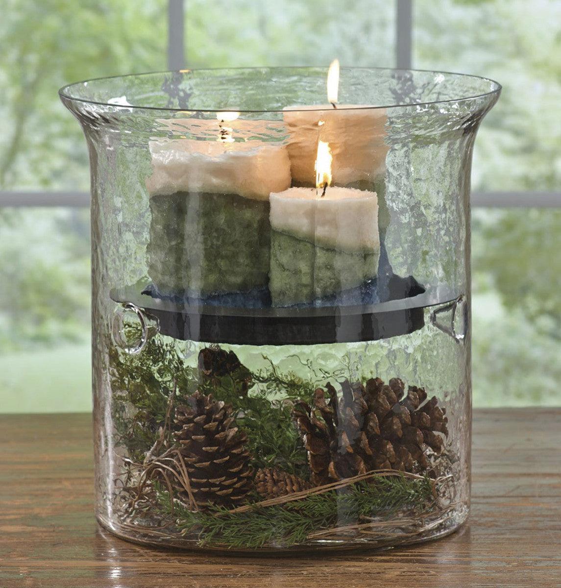 Hammered Glass Cylinder W/Candle Pan