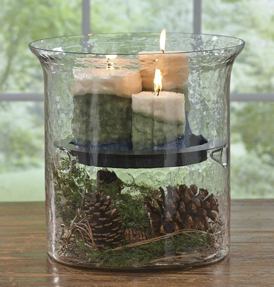 Hammered Glass Cylinder W/Candle Pan