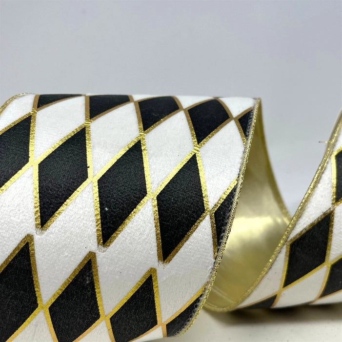 Black/White/Gold Diamond Ribbon Platinum Back 4" x 10yds
