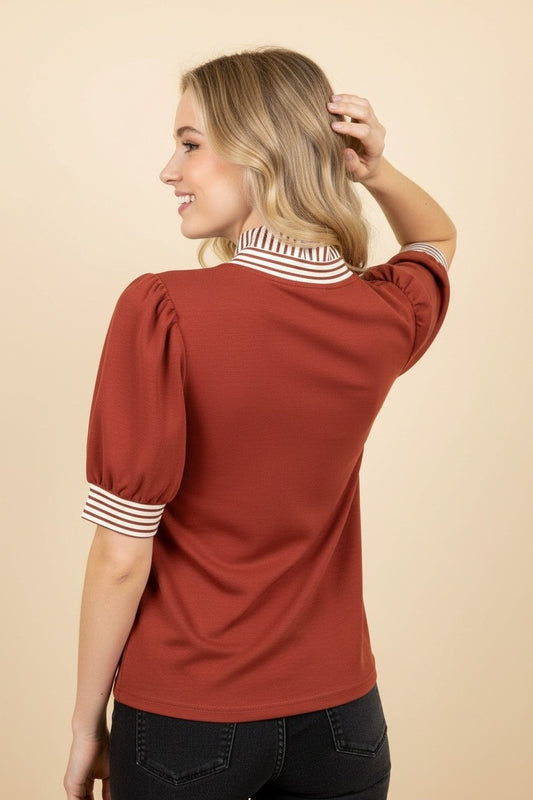 Knit Polo With Striped Ruffle Detail