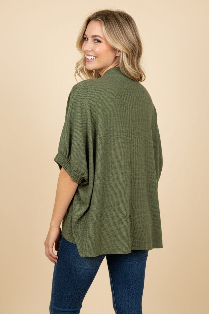 Textured Oversized Split Neck Short Sleeve Olive Top