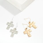 Hammered Silver Metal Cross Drop Earrings