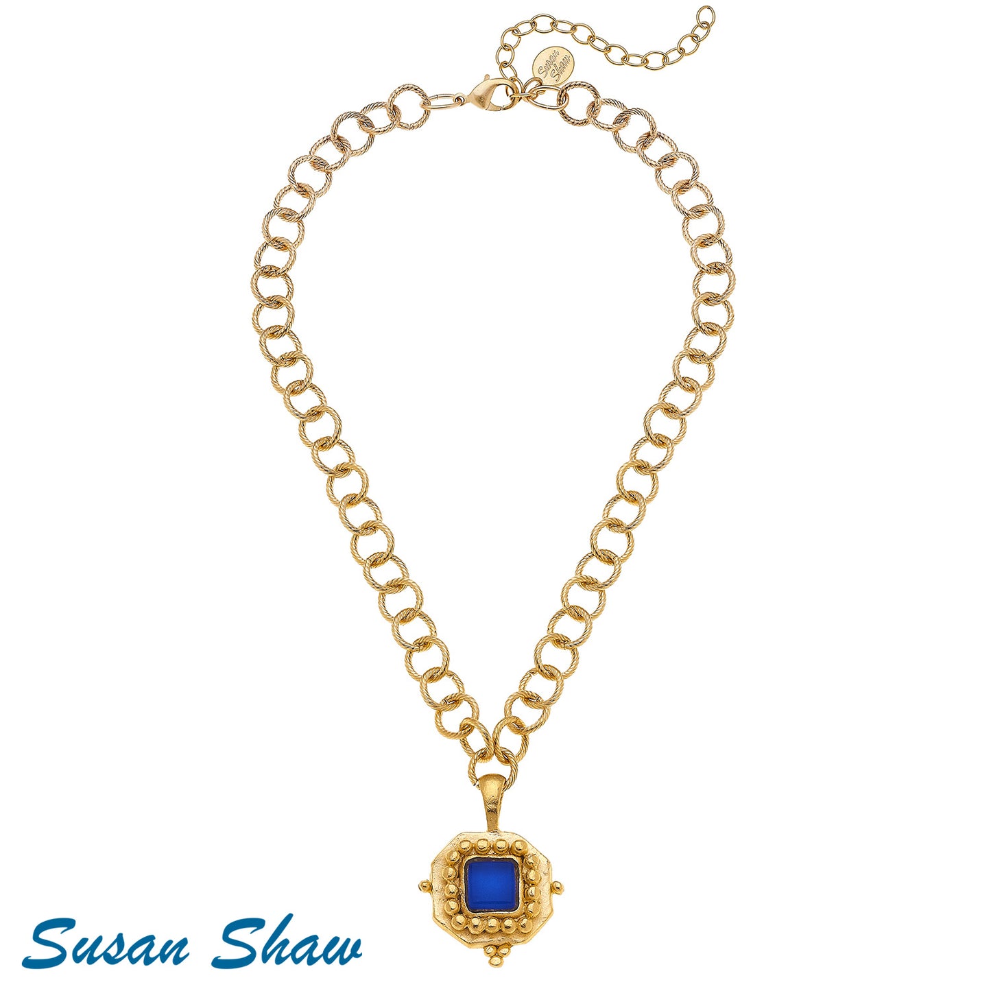 Susan Shaw Handcast Gold Square with Blue French Glass Necklace
