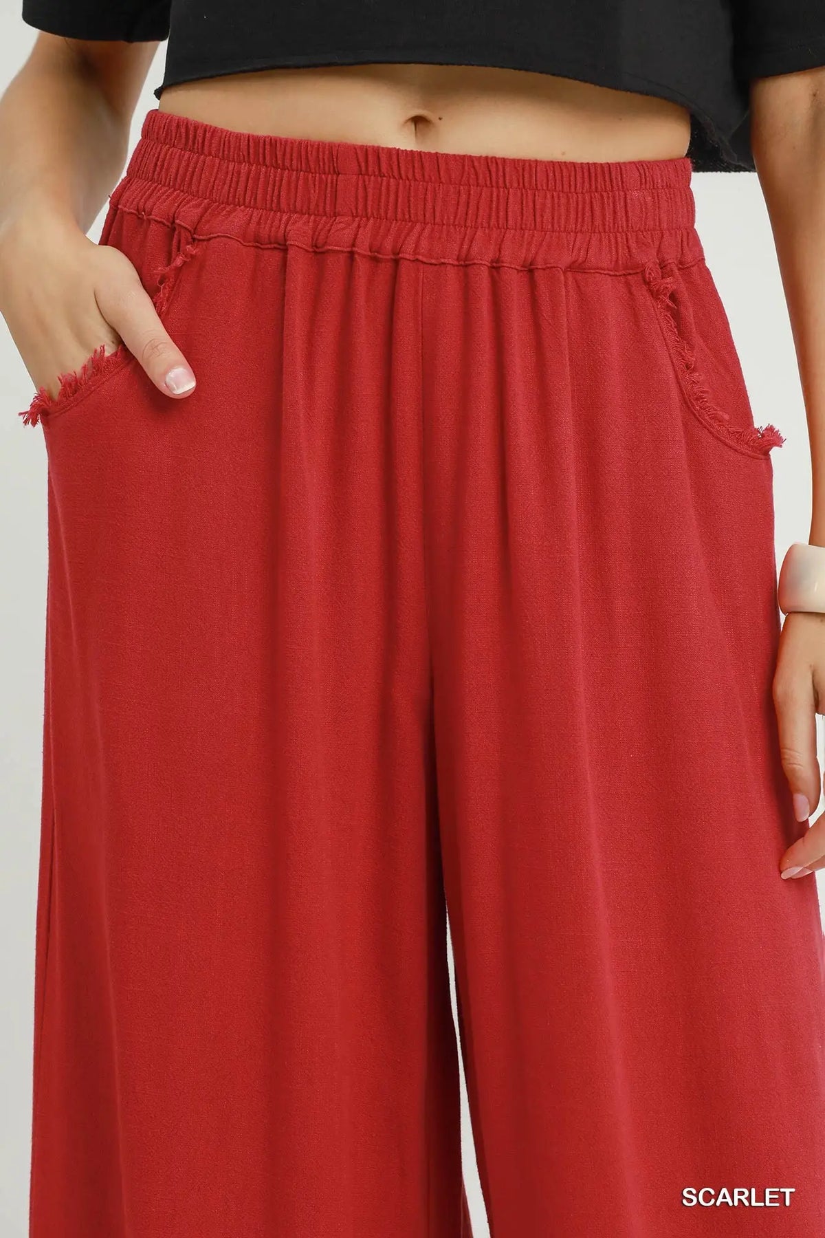 Red Linen Blend Wide Leg Pants
