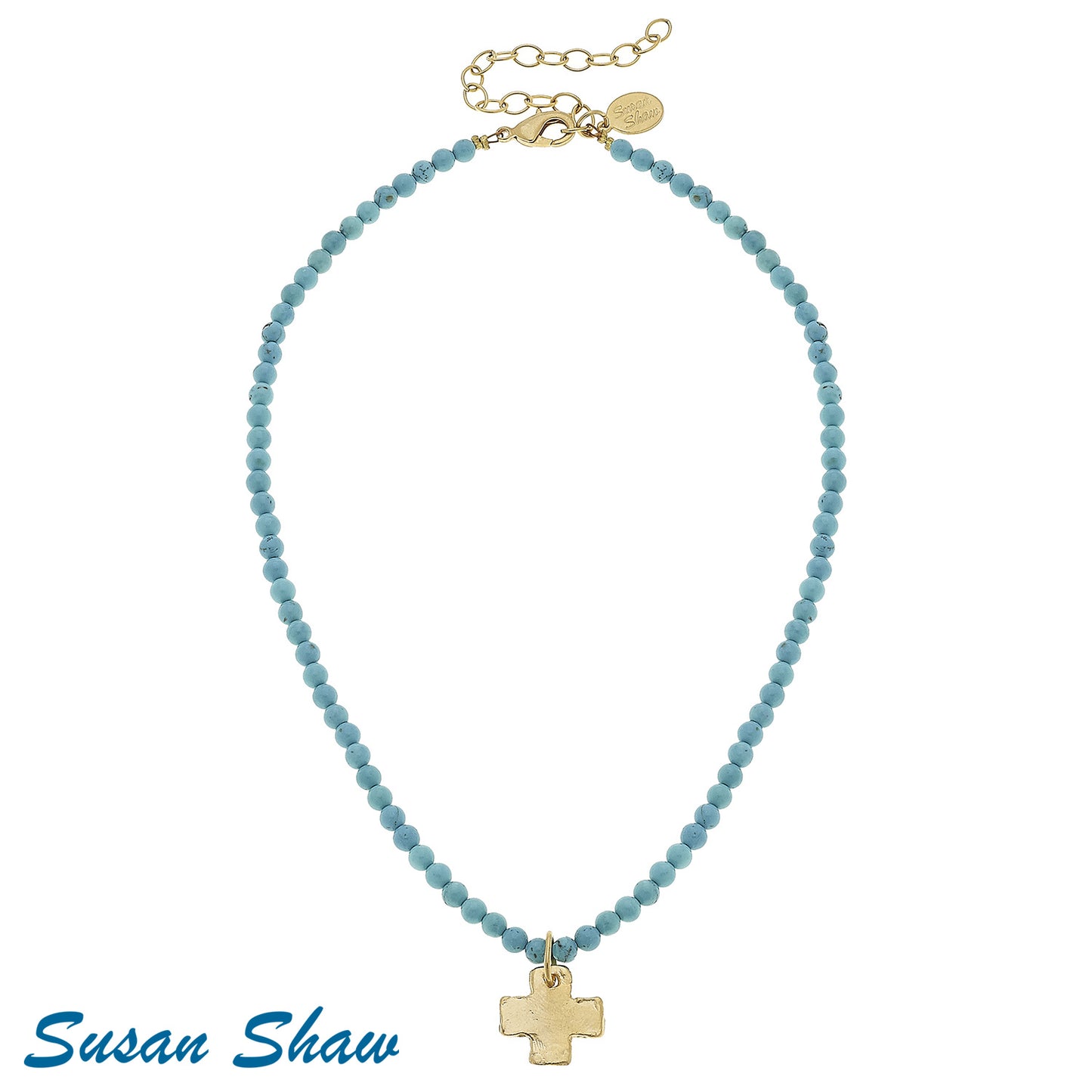 Susan Shaw Turquoise Beaded Necklace with Gold Cross 3342CT