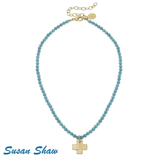 Susan Shaw Turquoise Beaded Necklace with Gold Cross 3342CT
