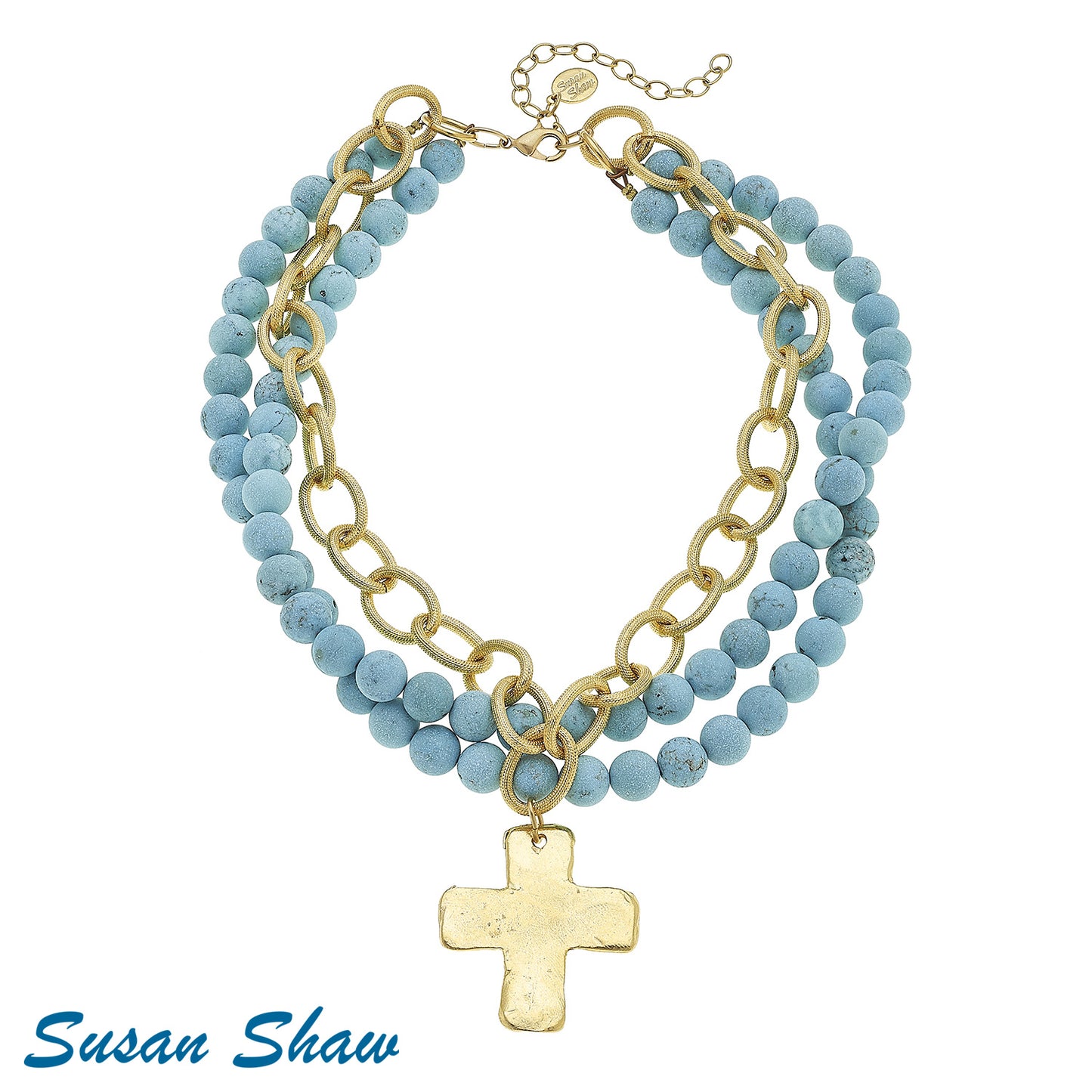 Susan Shaw Gold and Turquoise 3-Strand Cross Necklace 3666C