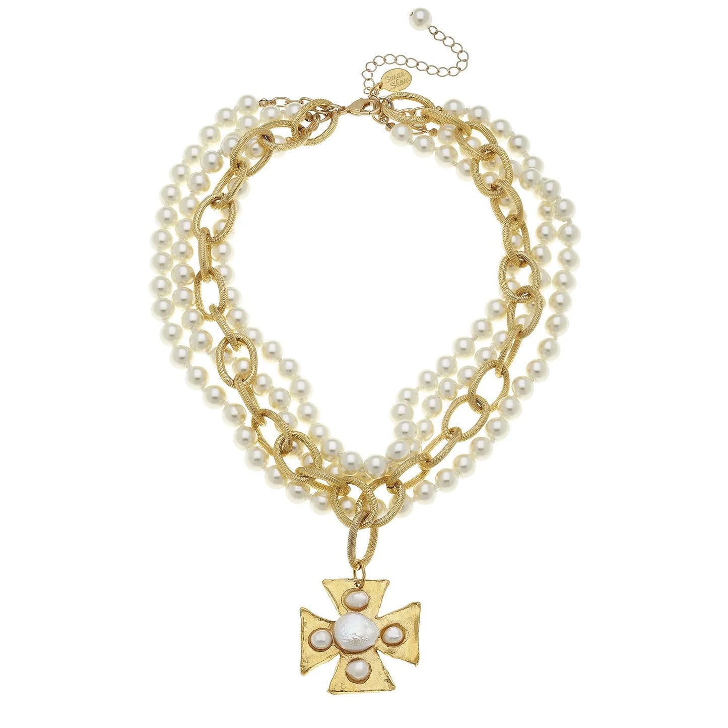 Susan Shaw Gold and Pearl 3-Strand Maltese Cross Necklace 3731M