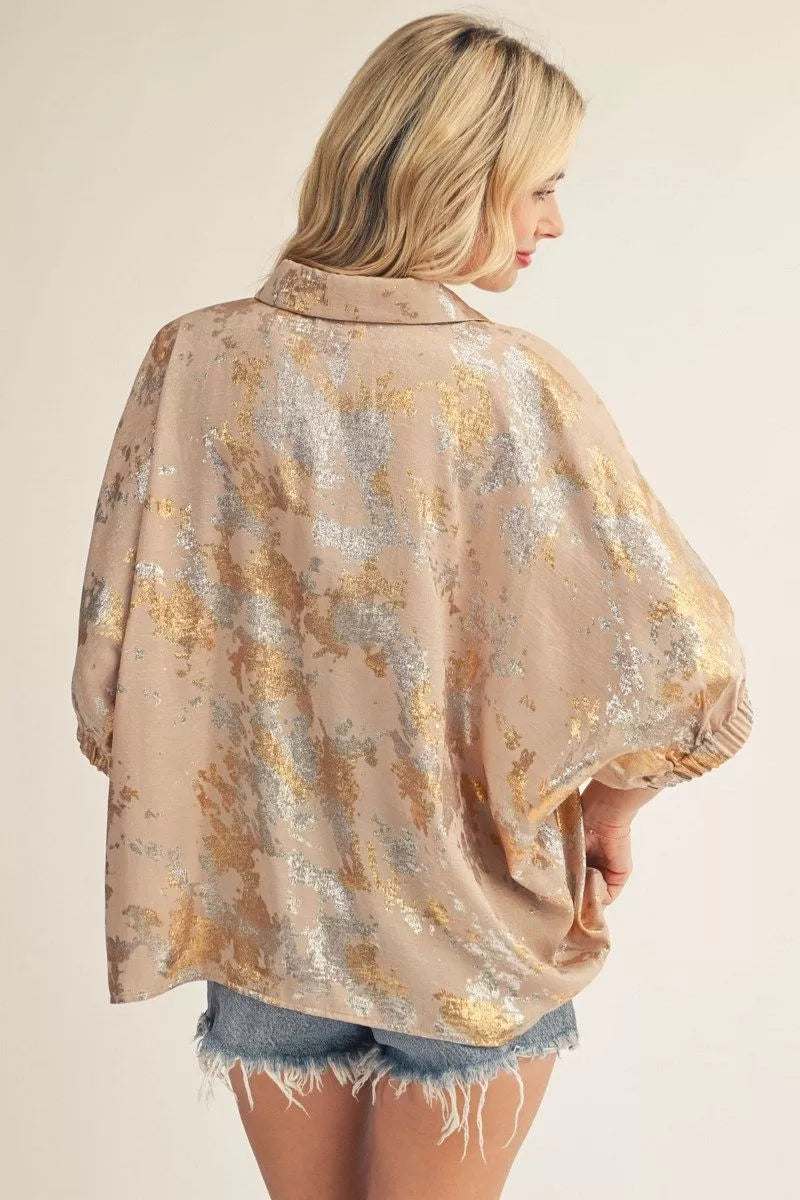 Taupe Drop Shoulder Dolman Sleeves Metallic Top
