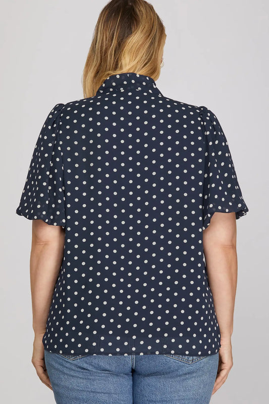 Navy Polka Dot Print Blouse