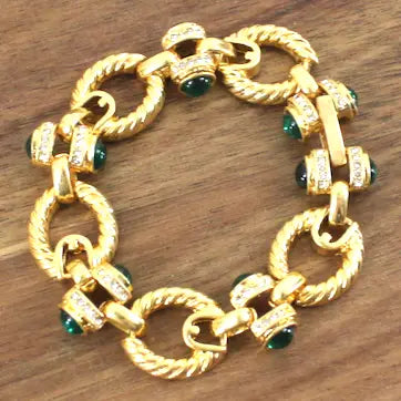 Green Glass Bead and Rhinestone Gold Bracelet