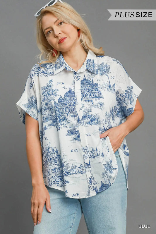 Two Tone bLUE Toile Print High Low Top