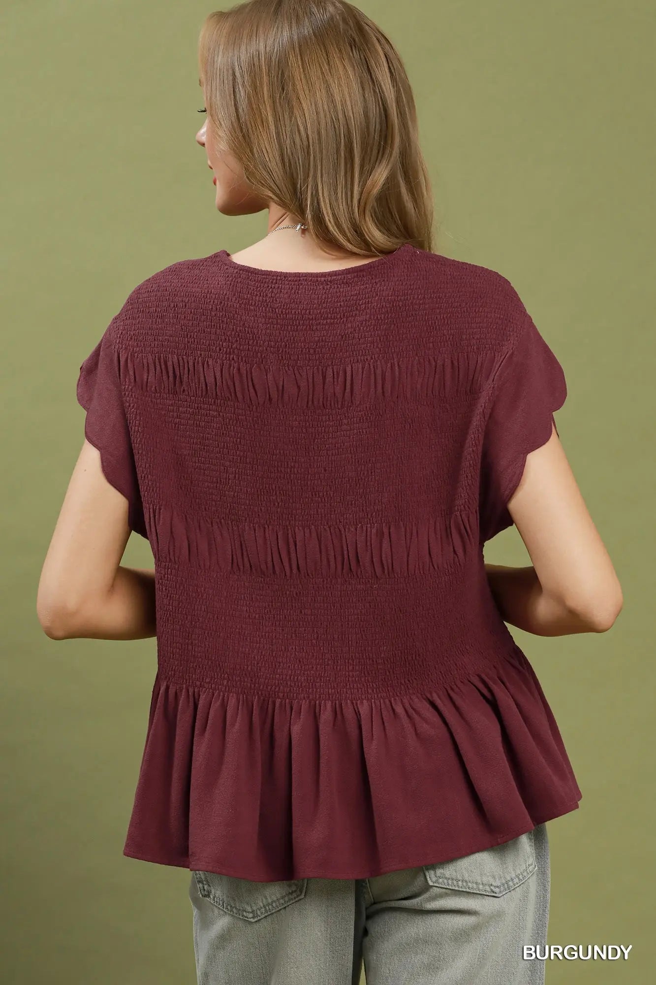 Burgundy Smocked Peplum Top