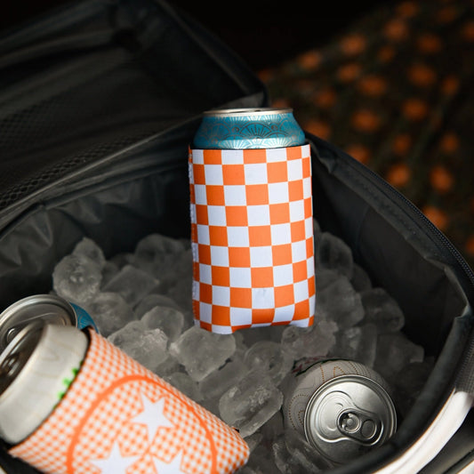 Orange White Checkered Can Cooler