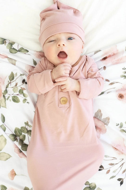 Solid Mauve Bamboo Baby Knot Gown & Hat