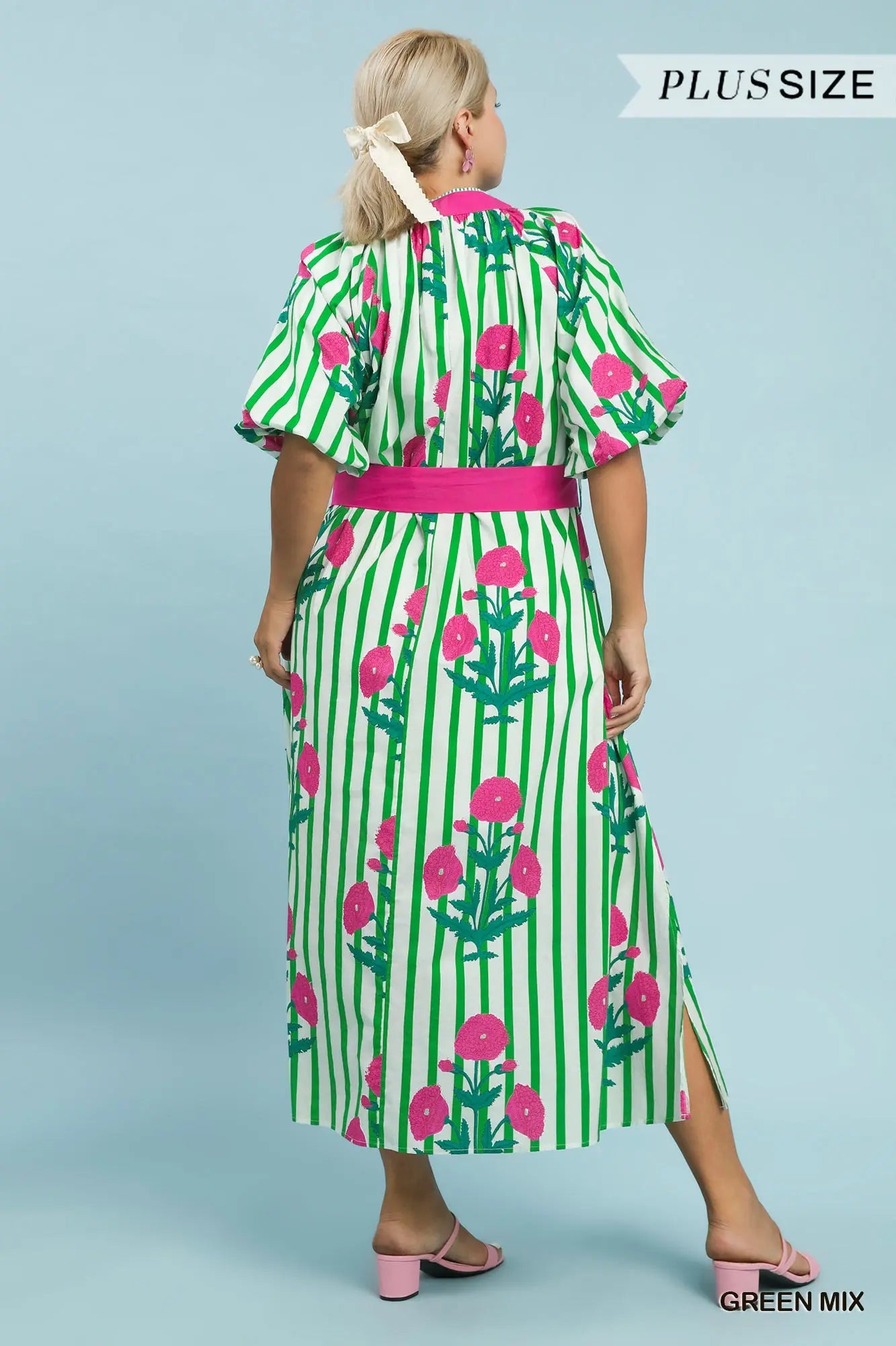 Striped Floral Maxi Dress with Waist Tie