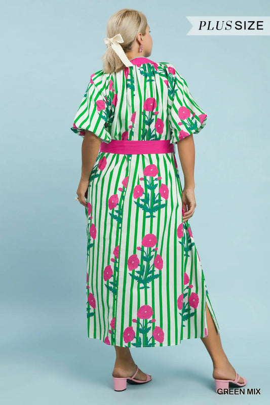 Striped Floral Maxi Dress with Waist Tie
