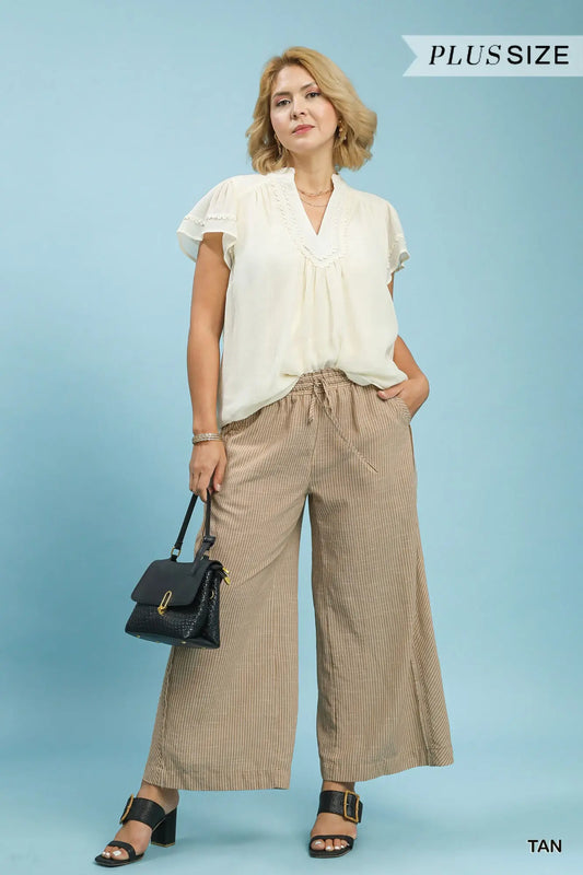 Linen Blend Striped Wide Leg Pants - Tan