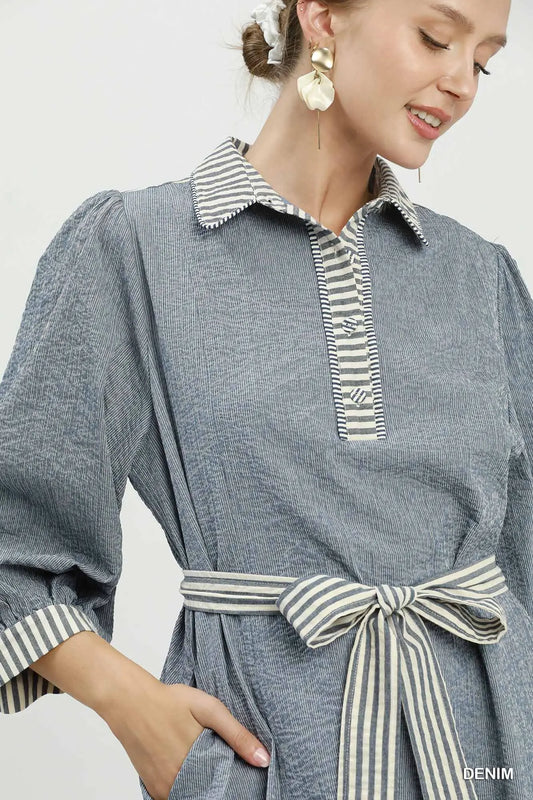 Striped Contrast Belted Puff Sleeve Mini Dress