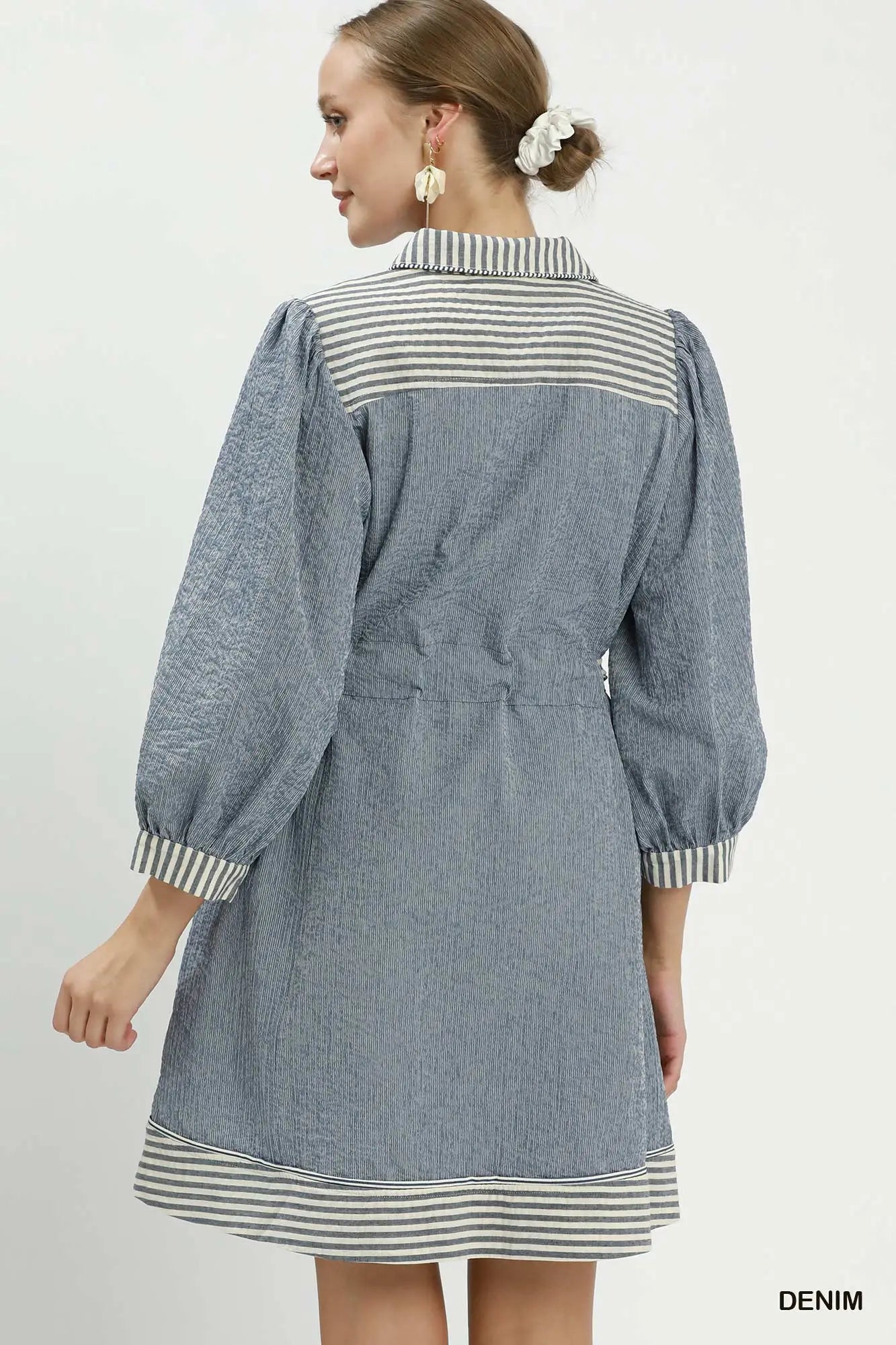 Striped Contrast Belted Puff Sleeve Mini Dress