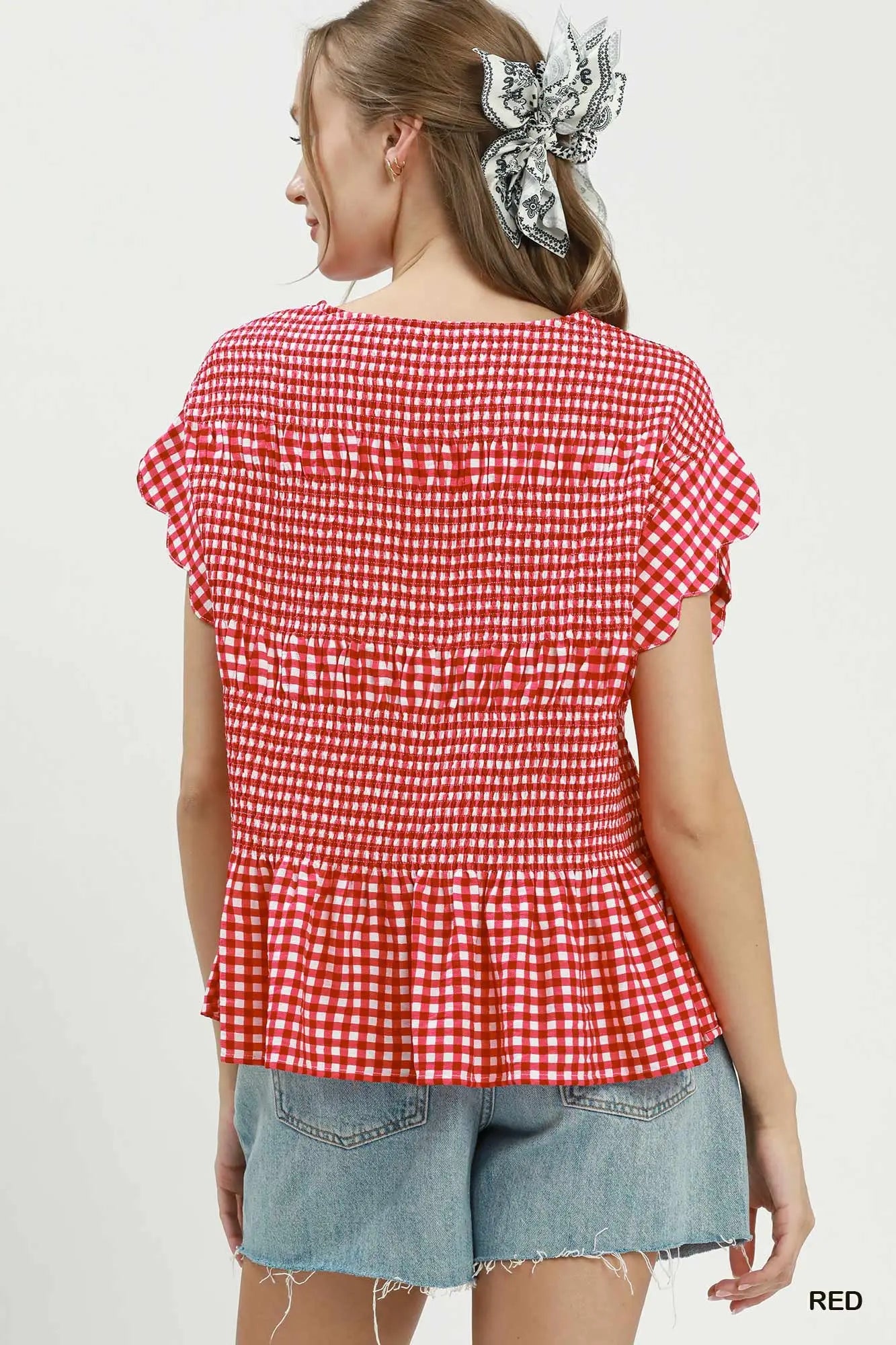 Red Gingham Smocked Ruffle Hem Short Sleeve Top