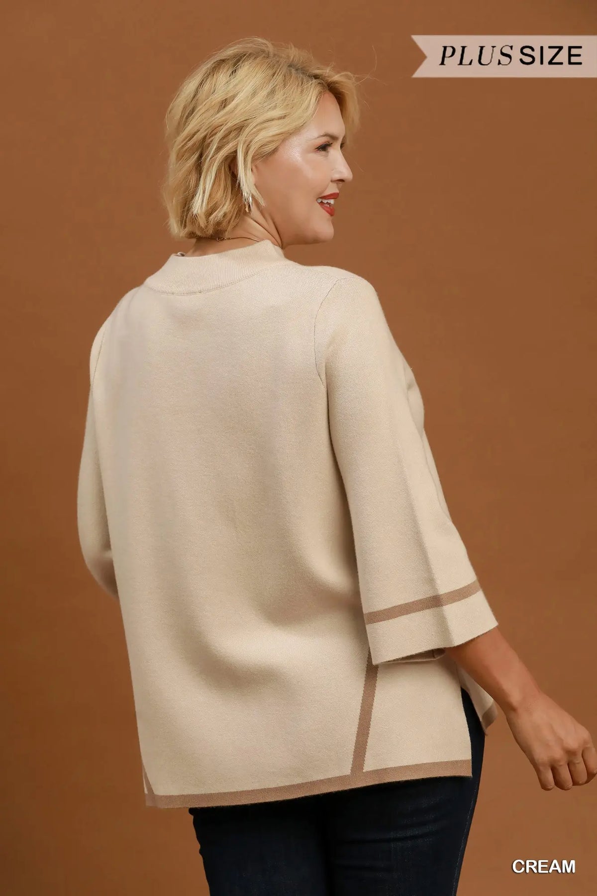 Cream and Tan Mock Neck Contrast Trim Short Sleeve Knit Sweater Top