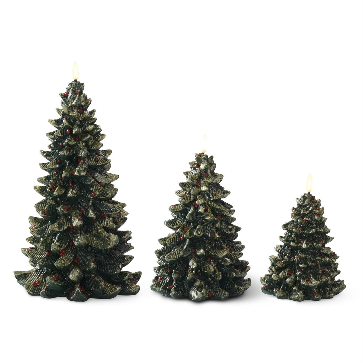 Gold Glittered Gren Resin LED Christmas Trees w/Red Ornaments