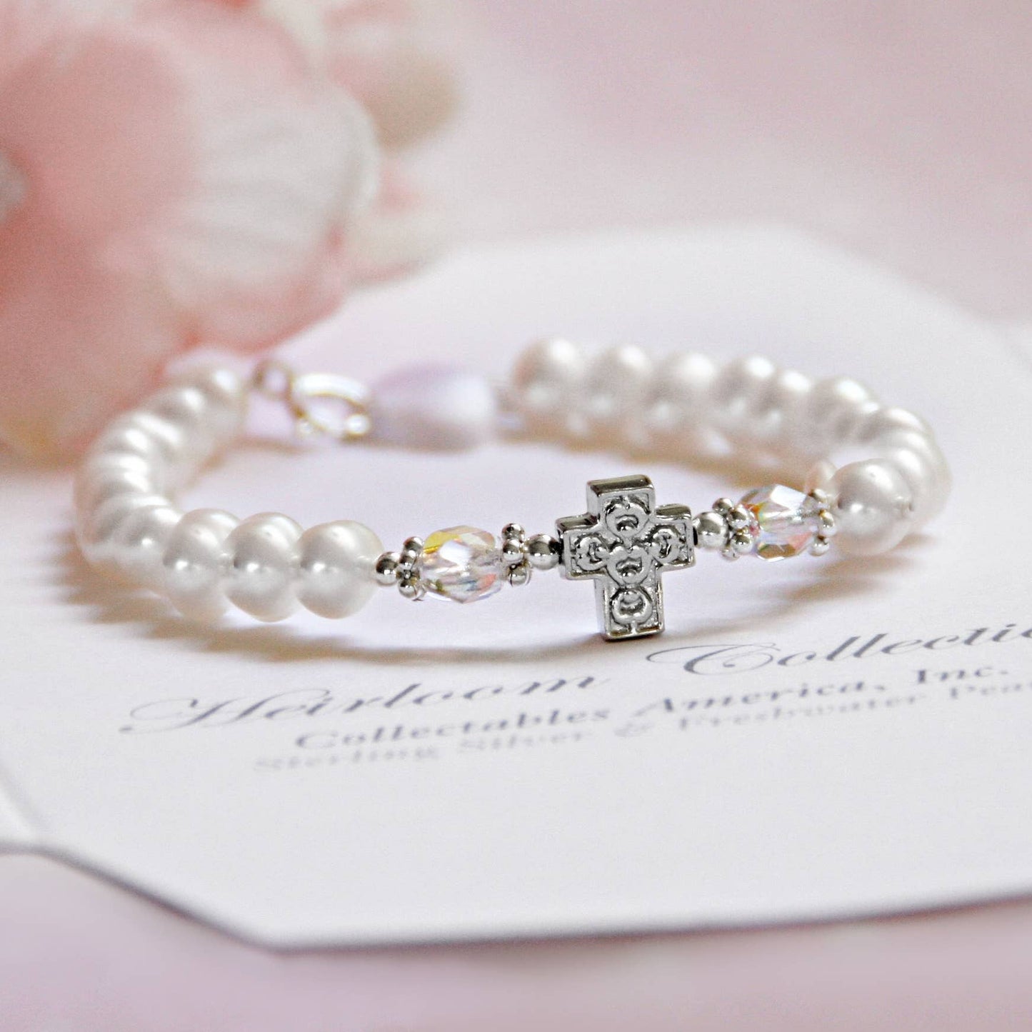 Nacre Pearl Sterling Classic 5" Cross Bracelet