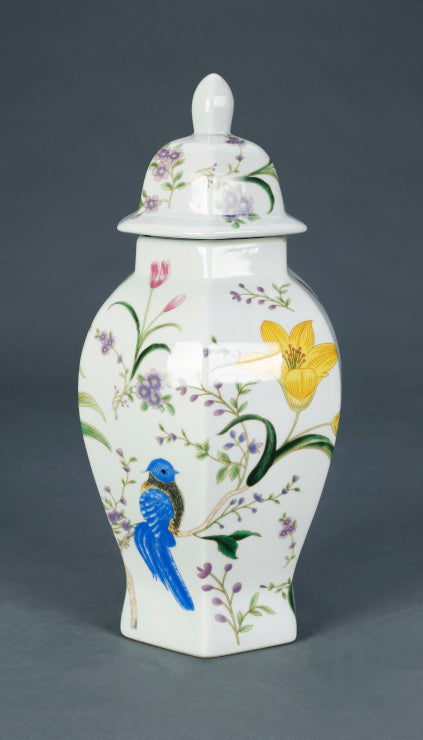 Hexagon shaped Ginger Jar, Bird and Flower Design