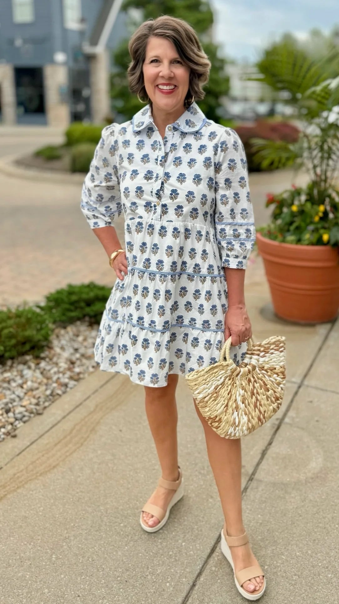 Blue Floral on white background Tiered Dress