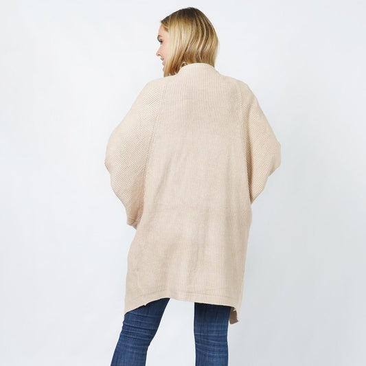 Soft Knit Beige Batwing Sleeve Cardigan With Pockets
