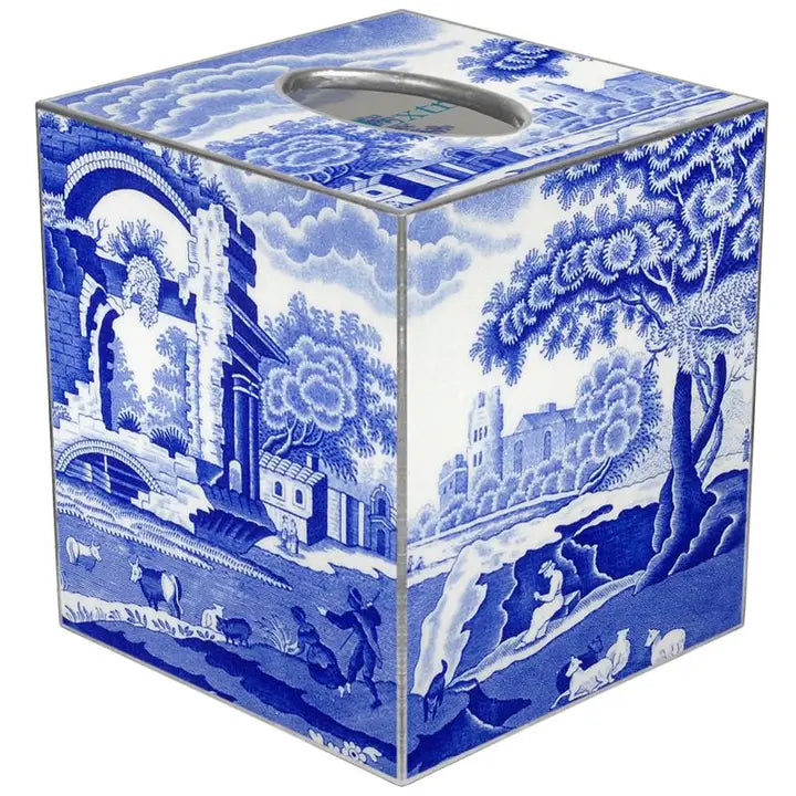Blue Italian Toile Tissue Box Cover Paper Mache