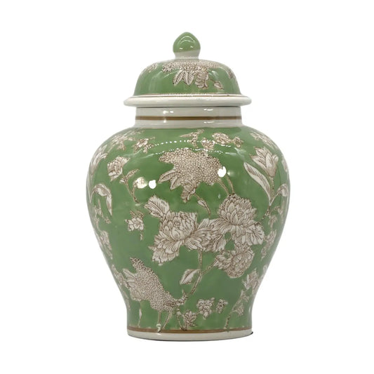 Green & White Floral Peony Ceramic Chinoiserie Jar 12"