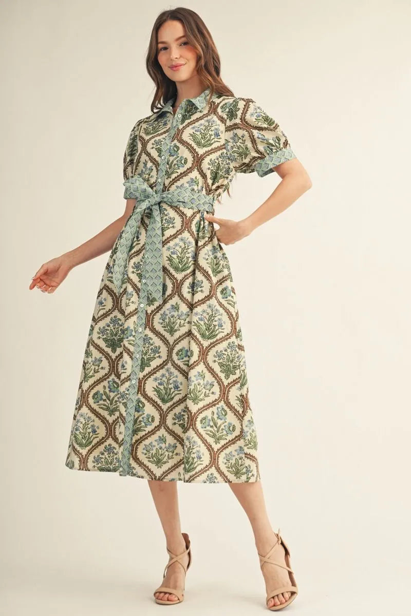 Floral Midi Dress with Waist Tie