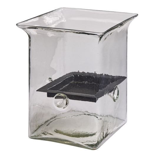 HAMMERED GLASS CUBE W/CANDLE PAN 12"H x 10" Square