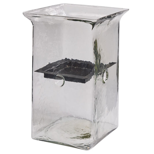 Hammered Glass Cube with Candle Pan 15" H x 10" Sq