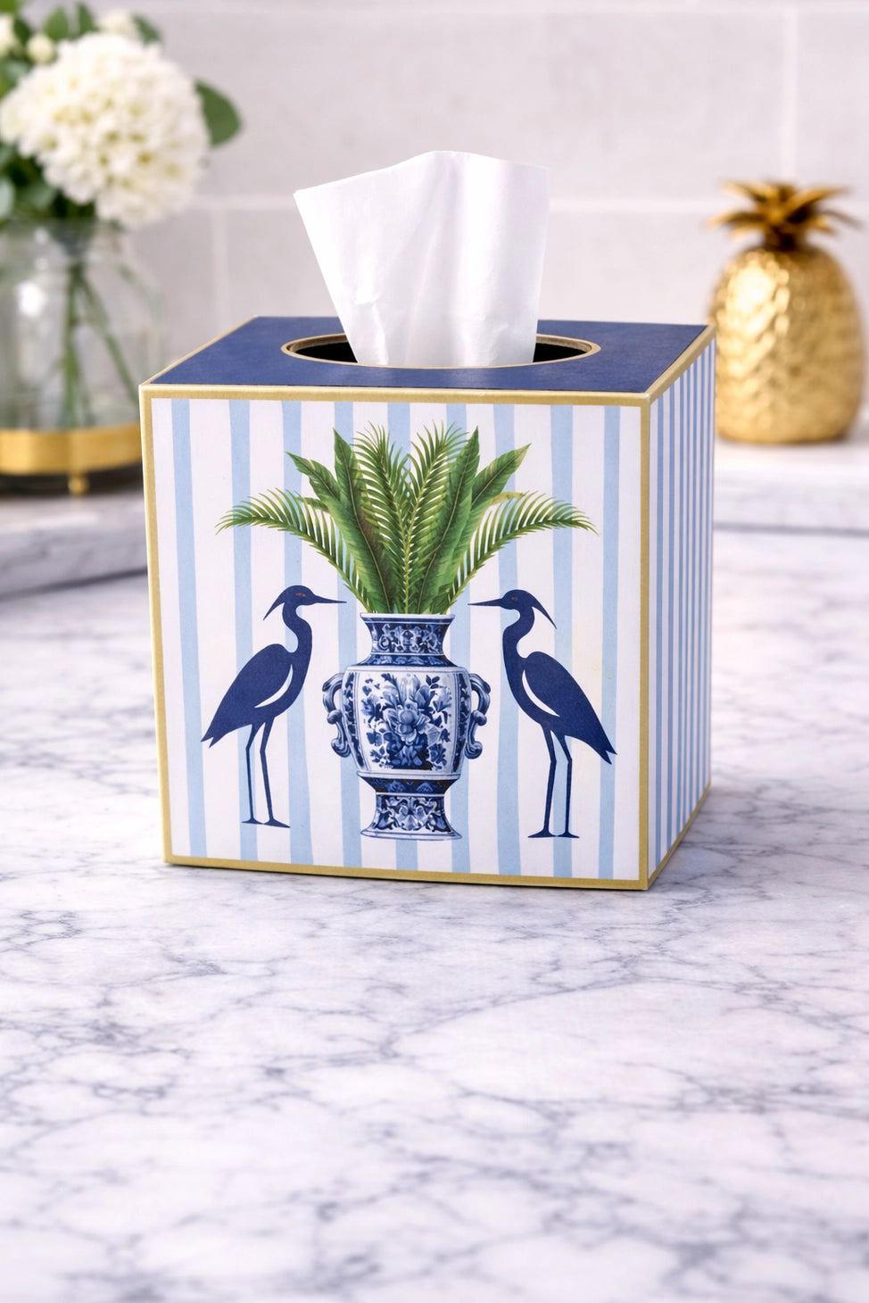 Paper Mache Tissue Cover with Blue Herons and Chinoiserie Vase