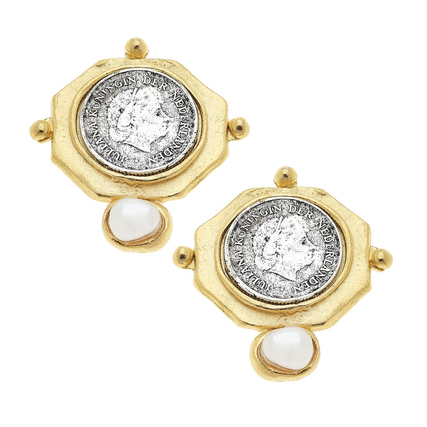 Susan Shaw Handcast Gold Octagon w/ Silver Coin and Freshwater Pearl Earrings 1128W