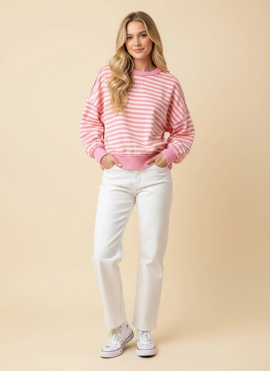 Pink & Cream Striped Oversized Pullover